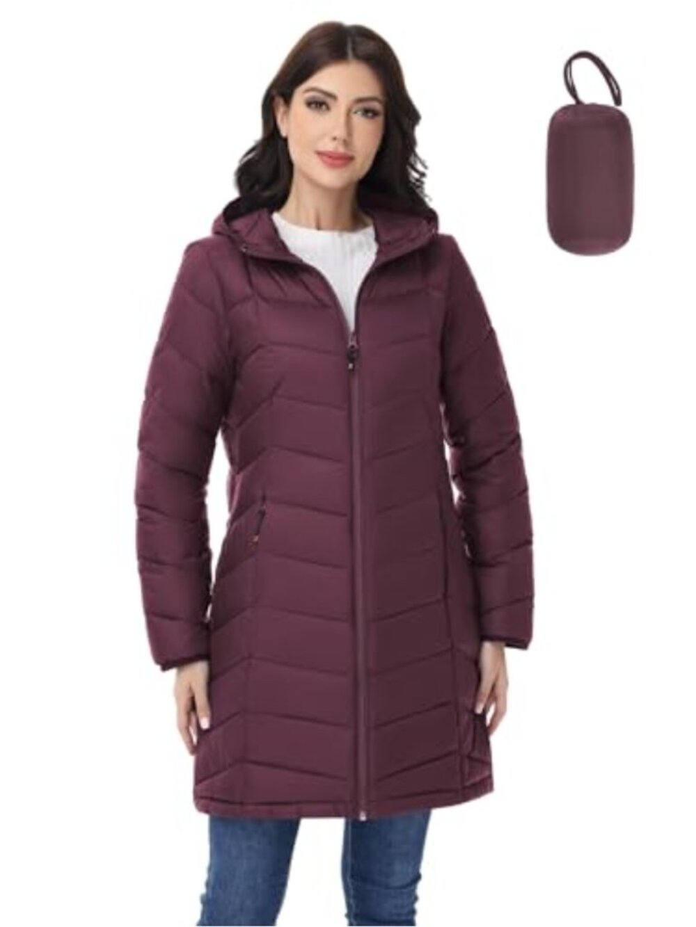 Lightweight Packable Hooded Puffer Coat Mid-Length Quilted Winter Jacket